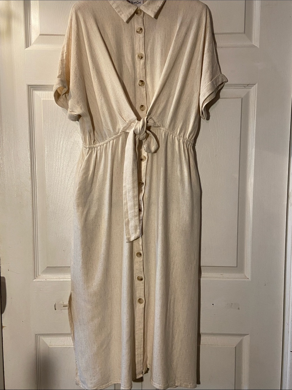 FRNCH Cream Linen Blend Button-Front Tie-Waist Midi Dress sz L